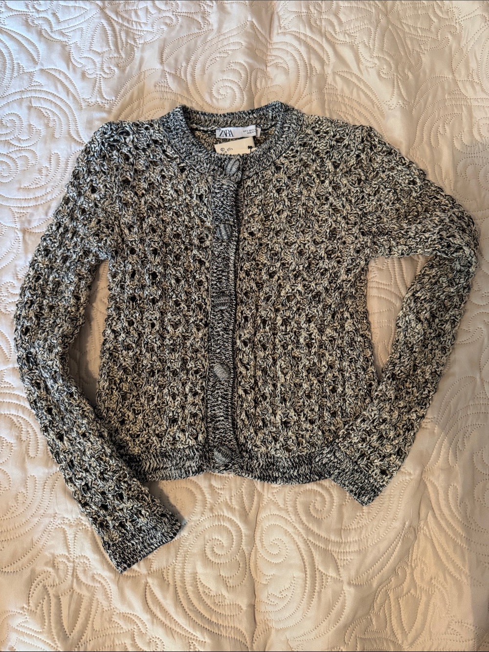 NWT Zara Black/Grey w/ Metallic Gold thread Open Weave Button Knit Cardigan S
